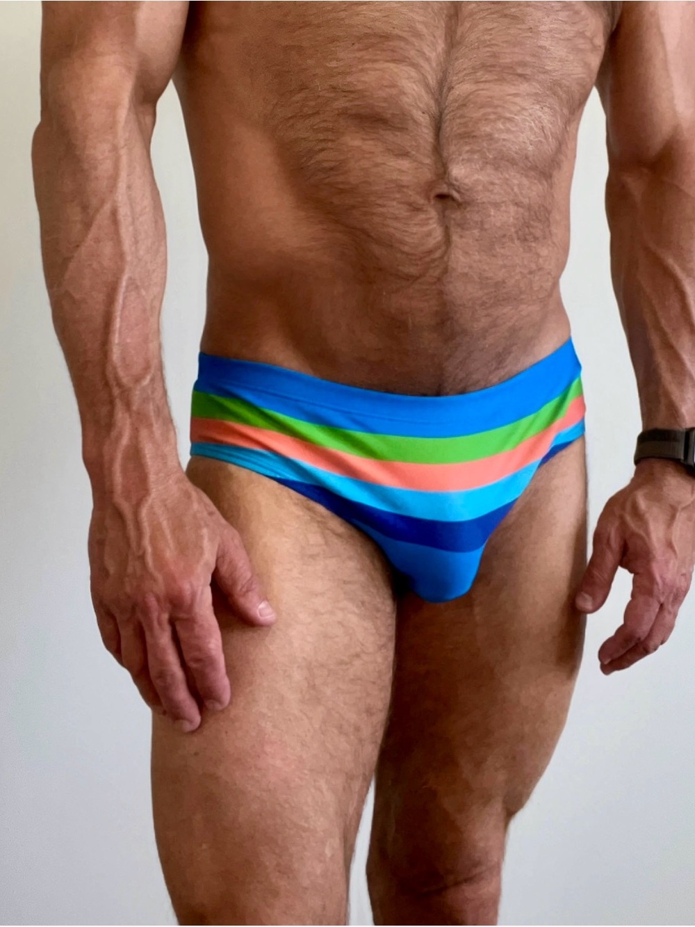 Men's Low-Rise Swim Briefs in Bright Blue with Green & Coral Stripes